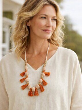 J Jill Tassel Necklace Orange Raffia Bead Statement Adjustable Coastal Boho NWT